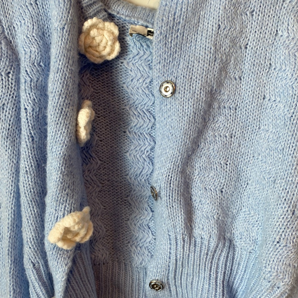Sky Blue Cardigan with Ivory Floral Button Accents Cottagecore Boho Peasant - Picture 3 of 9